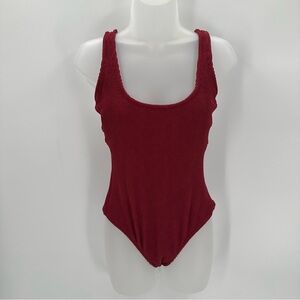 Kona Sol Swimsuit Women’s M Dark Red Burgundy 1 Pc Textured Tie Back NWOT